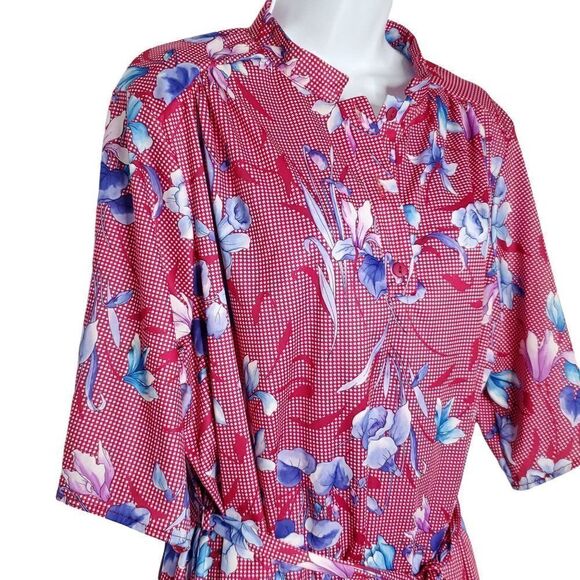 Vintage Ms Tops California Floral Polyester Belted Tunic Short Sleeve Red Blue - Picture 2 of 5